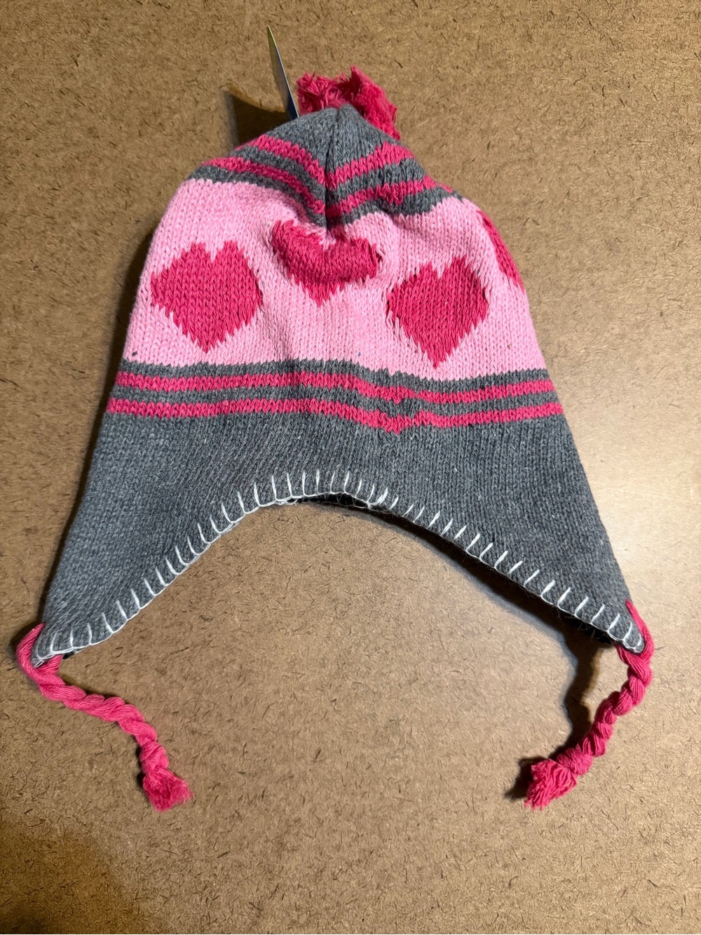 Studio Pink and Gray Heart Earflap Knit Hat for Kids Brand New